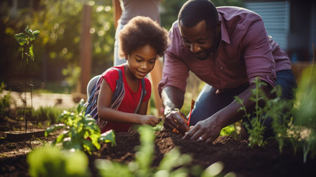 African American family gardening in the backyardの素材