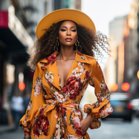 Black American model in extravagant colorful clothes on the street of New Yorkの素材