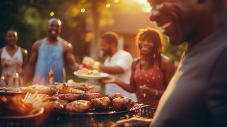 African American family and white American people BBQ party in front of the houseの素材