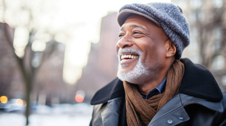 African American mature man sitting in a park in New York Cityの素材