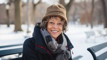 African American mature woman sitting in a park in New York Cityの素材