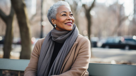 African American mature woman sitting in a park in New York Cityの素材