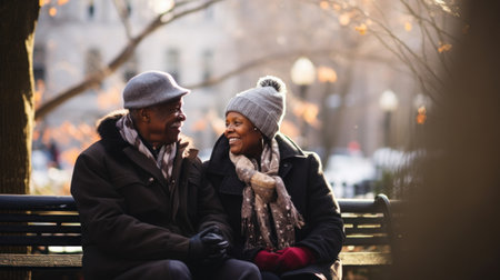 African American mature couple sitting in a park in New York Cityの素材