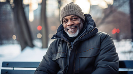 African American mature man sitting in a park in New York Cityの素材