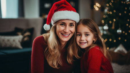 mature woman wearing Christmas hat with daughter in the living roomの素材