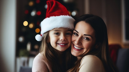 mature woman wearing Christmas hat with daughter in the living roomの素材