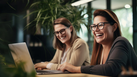 Happy plus size Caucasian casual businesswoman using laptop at desk in office with friendsの素材
