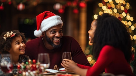 African American family celebrate Christmas dayの素材