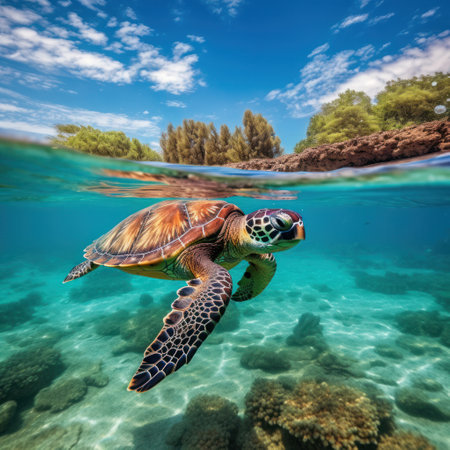 a majestic sea turtle swimming gracefully in the crystal clear watersの素材