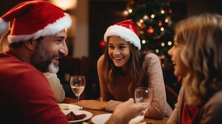 American family wearing Christmas hat celebrate Christmas dayの素材