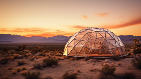 geodesic dome in the middle of Joshua Tree National Park at sunsetの素材