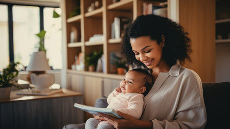 African American mother carry baby using the laptop working at living roomの素材