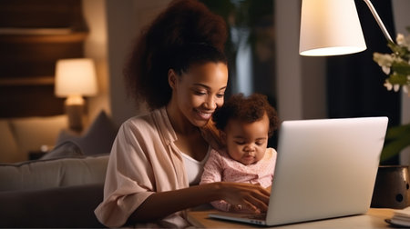 African American mother carry baby using the laptop working at living roomの素材