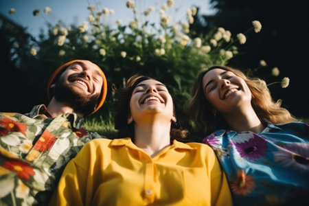 men and women of different colors were lying comfortably on the lawnの素材