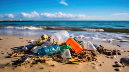 plastic trash on the beachの素材