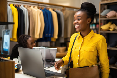 African American female employee suggesting a product to a customer in a technology storeの素材