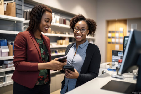 African American female employee suggesting a product to a customer in a technology storeの素材