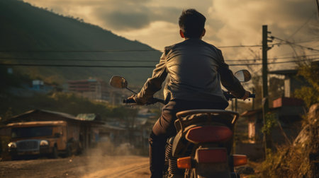 close-up long shot of man riding the motorcycle with scenery viewの素材