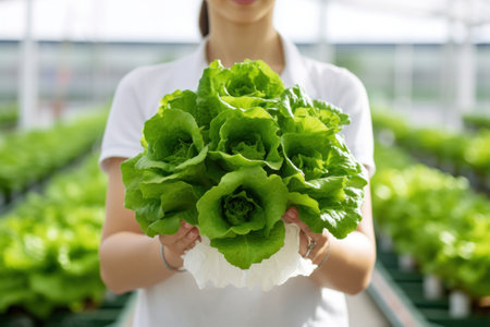 person holding lettuce during hydroponic farmingの素材