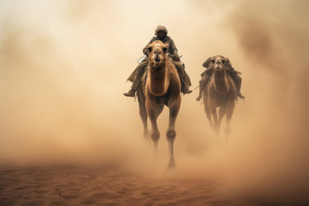 a camel walking in white sand desert in incoming sandstormの素材