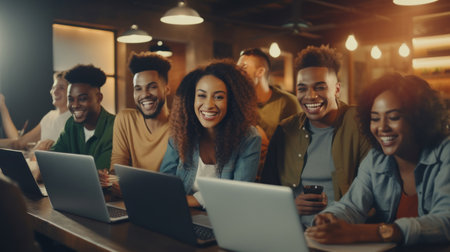 A group of joyful mixed-race multiethnic people in T-shirts and jeans with laptops and notebooks sitting in the office and laughingの素材