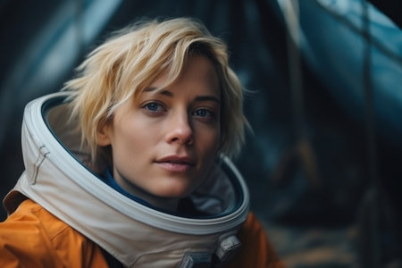 young woman skinhead blonde hair in the spacesuitの素材