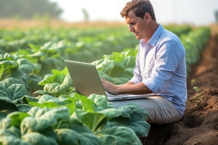 Young man Spain farmer standing using tablet in the tobacco fieldの素材