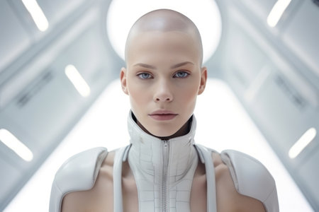 young woman skinhead blonde hair in the spacesuitの素材