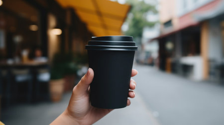 woman hand holding a blank black and paper coffee cup with no designの素材