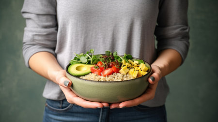 A woman in a t-shirt and jeans standing and holding a vegan foodの素材