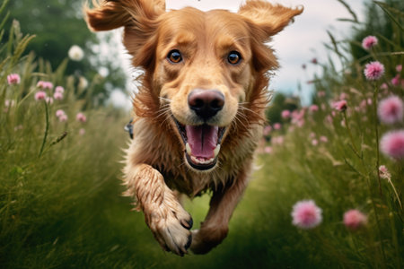 red golden retriever running through green grass with pink peoniesの素材