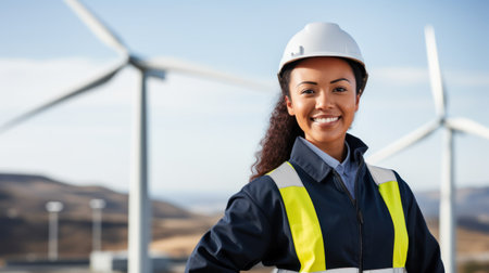 Female engineer standing at a wind turbine farmの素材
