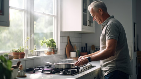 portrait of the man in his 50s cooking dinner happiness timeの素材