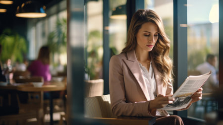 Mid-adult businesswoman sitting inside a coffee shop and a reading newspaperの素材