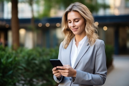 Business woman holding smartphone and lookingの素材