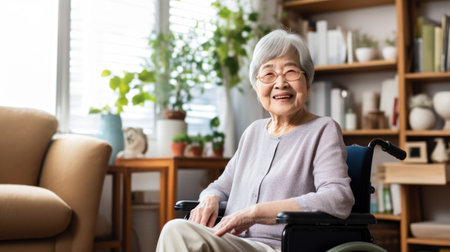 Happy elderly woman in the wheelchair in homeの素材