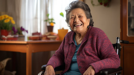 Happy elderly woman in the wheelchair in homeの素材