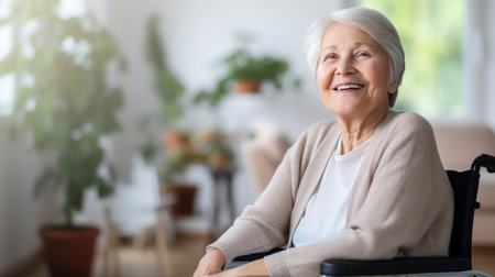 Happy elderly woman in the wheelchair in homeの素材