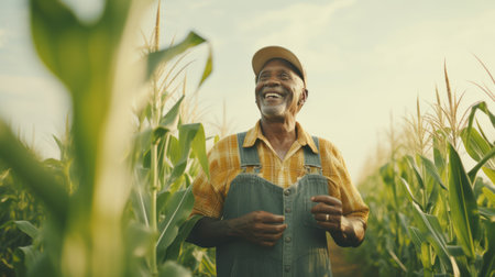 Black senior man farmer 60s at corn fieldの素材