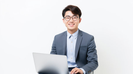 Chinese young freelance business holding a digital tablet on a white backgroundの素材