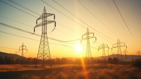 High voltage towers at sunset backgroundの素材