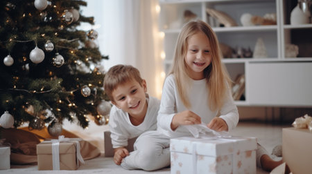children smiling, in the background is a Christmas treeの素材