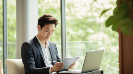 Businessman freestyles working from home office and working on digital tabletの素材