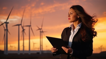 young male engineer holding laptop computer planning and working for the energy industry and standing beside a wind turbines farm power station at sunset timeの素材