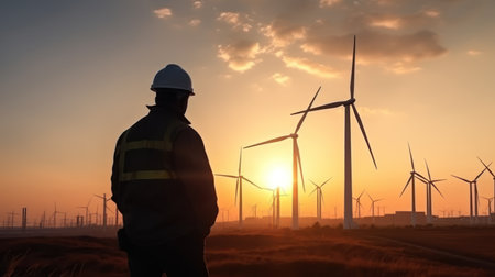 young male engineer holding laptop computer planning and working for the energy industry and standing beside a wind turbines farm power station at sunset timeの素材