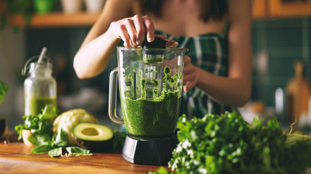 Young woman with a blender and green vegetables making detox shake or smoothie at homeの素材