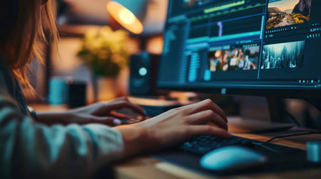 Close up hands female editor holding mouse pen working editing video and enjoy with job create contentの素材