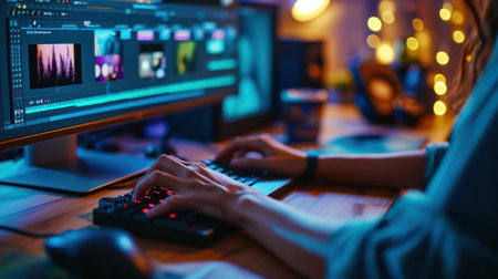Close up hands female editor holding mouse pen working editing video and enjoy with job create contentの素材