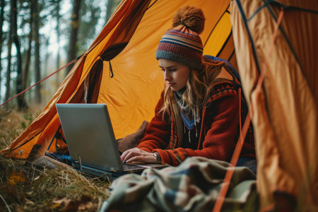 Young woman sitting in the tent camping using a laptopの素材