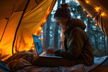 Young woman sitting in the tent camping using a laptopの素材